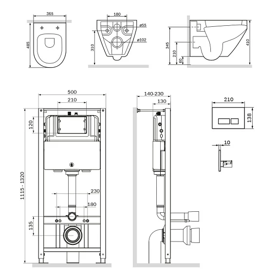 Комплект унитаза с инсталляцией AM.PM Spirit 2.0, c сиденьем микролифт, с пневматической клавишей цвет белый (кнопкой, клавишей двойного смыва), система для подвесного унитаза, со скрытым смывным бачком (бак), с подвесным унитазом