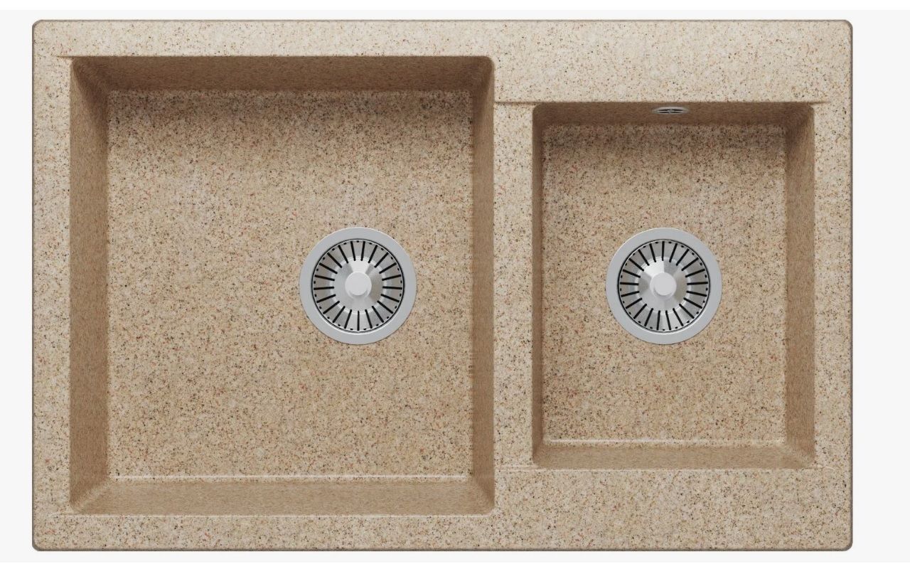 Мойка Polygran Brig-772 77.2х50х21.6 см, врезная, двойная, из искусственного камня, прямоугольная, цвет песочная, без отверстия под смеситель, слив-перелив, с сифоном, для кухни