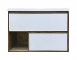 Тумба с раковиной Эстет Monaco Wood 90, 898х607х476 мм, подвесная, 2 выдвижных ящика/открытая полка, ЛДСП/МДФ, прямоугольная, цвет: белый/дуб рустикальный/раковина Монако 90, прямоугольная, цвет белый