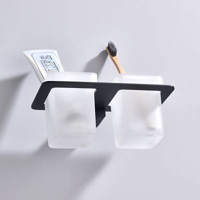 Стакан с держателем Raglo R301.08.06 двойной, с держателем, настенный, нержавеющая сталь/стекло, для зубных щеток в ванную/туалет/душевую кабину, цвет черный