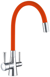 Смеситель для кухни/мойки Lemark Comfort, с подключением к фильтру с питьевой водой, однорычажный, поворотный/гибкий, керамический, длина излива 225 мм, латунь, цвет оранжевый/хром