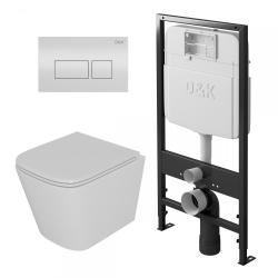 Комплект унитаза с инсталляцией D&K (унитаз Berlin подвесной, белый, безободковый, прямоугольный (горизонтальный/в стену выпуск, сиденье  микролифт)/клавиши Berlin двойного смыва, белая, система для подвесного унитаза