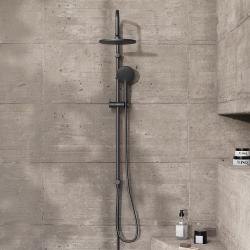 Душевой гарнитур Damixa Origin Bit, высота 101-146 см, цвет черный матовый, без смесителя, комплект: тропический душ (с верхней лейкой)/стойка/лейка/шланг, настенная
