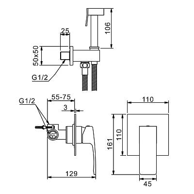 Смеситель с гигиеническим душем Raglo R01.53 встраиваемый, однорычажный, керамический, без излива, с гибким шлангом/лейкой, латунь, цвет хром