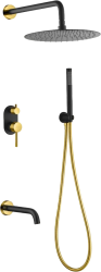 Душевая система Boheme Uno, встраиваемая, цвет черный/золото, комплект: однорычажный, смеситель/излив/тропический душ (с верхней лейкой)/лейка/держатель лейки/шланг, встраиваемый (скрытый) монтаж