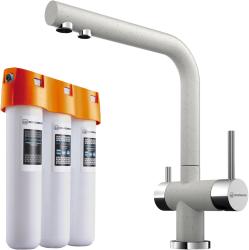Комплект: смеситель для кухни Omoikiri Nagano-EV + фильтр Pure drop Lite для очистки воды трехступенчатый, смеситель однорычажный, поворотный, керамический, длина излива 206 мм, латунь, цвет эверест