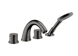 Смеситель для ванны Axor Starck двухвентильный, с рукоятками zero, монтаж на плитку, неповоротный, латунный, длина излива 24,2 см, керамический, цвет полированный черный хром, с душевым шлангом 110 см/лейкой, на 4 отверстия