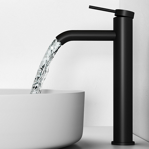 Смеситель для раковины/умывальника Abelsberg Fluida однорычажный, высокий, неповоротный/фиксированный, излив длина 112 мм высота 211 мм латунь, цвет вулканический черный