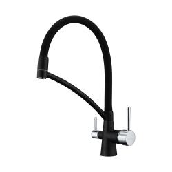 Смеситель для кухни/мойки Paulmark Siegen, с подключением к фильтру/биканальный, однорычажный, поворотный/гибкий излив, керамический картридж, высокий, длина излива 225 мм, латунь, цвет черный металлик