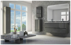 Тумба под раковину Cezares Glass 120, 120х46х53 см, подвесная, 2 выдвижных ящика, ЛДСП, цвет: антрацит, шкафчик навесной, механизм доводчика, прямоугольная