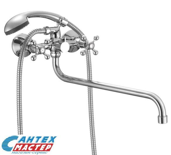 Смеситель для ванны/душа Milardo Duplex DUPSB02M10 двухвентильный, керамический, настенный, излив фиксированный 400 мм, с гибким шлангом, душем/лейкой, латунь хром