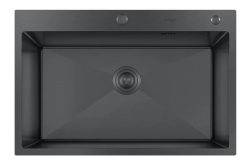 Мойка кухонная Hoffger 7550 врезная, Black (черная) 750х500х225 мм нержавеющая сталь, с PVD покрытием, с отверстием под смеситель, без крыла, слив-перелив