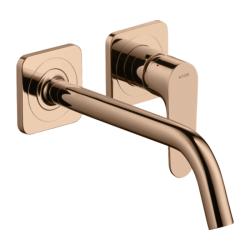 Смеситель для раковины Axor Citterio M, однорычажный, настенный/встраиваемый, скрытого монтажа, фиксированный, длина излива 22,7 см, керамический, латунь, цвет полированное красное золото, с отдельными розетками, незапираемый сливной набор
