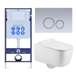 Комплект унитаза с инсталляцией Aquatek Лугано (Сет) c сиденьем микролифт, с клавишей смыва (кнопкой, клавишей двойного смыва) хром матовая, комплект крепления