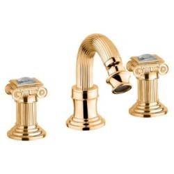 Смеситель для биде Cezares Aphrodite, на 3 отверстия, двухвентильный, низкий, длина излива 135 мм, неповоротный, керамический, латунь, цвет золото 24 карат, с донным клапаном