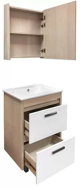 Тумба с раковиной Comforty Тулуза 60, 61х85,5х47 см, напольная, 2 выдвижных ящика, ЛДСП/МДФ, прямоугольная, цвет- сосна лоредо/раковина Quadro 60, прямоугольная, цвет белый, встраиваемая