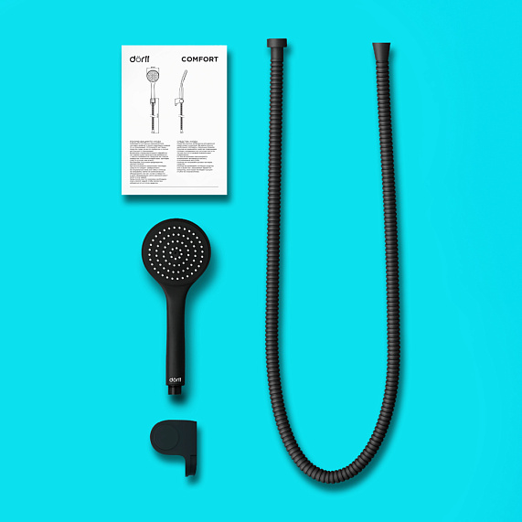 Душевой гарнитур Dorff Comfort цвет черный, комплект: держатель лейки/ручная лейка 1-режим/шланг, наружного монтажа, нержавеющая сталь/пластик