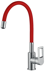 Смеситель для кухни/мойки Rossinka, однорычажный, керамический картридж, поворотный, высокий/гибкий излив, длина излива 216 мм, латунь, цвет хром/красный