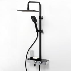 Душевая система WasserKRAFT Abens, высота 800-1250 мм, цвет хром/черный матовый, комплект: термостатический смеситель/излив/тропический душ (с верхней лейкой)/стойка/лейка/шланг, наружного монтажа