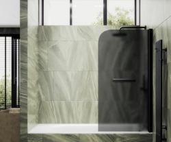 Душевая шторка на ванну MaybahGlass, 140х50 см, графитовое матовое стекло/профиль черный, поворотная, закаленное стекло 6 мм, плоская/панель, правая/левая, правосторонняя/левосторонняя, универсальная