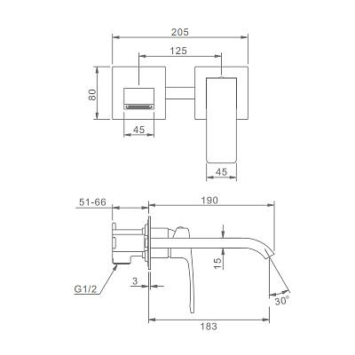 Смеситель для раковины/умывальника Raglo R02.11.03 встраиваемый/настенный, однорычажный, неповоротный, латунь, длина излива 183 мм, керамический, цвет сатин золотой