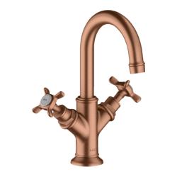 Смеситель для раковины Axor Montreux 160, двухвентильный, с крестообразными рукоятками, поворотный излив, длина излива 11,7 см, керамический, латунь, цвет шлифованное красное золото, со сливным гарнитуром