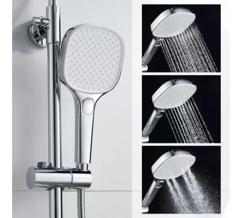 Душевая система Raglo R30.24 со смесителем, высота 630-1280 мм цвет хром, комплект: однорычажный смеситель/излив/тропический душ прямоугольный (с верхней лейкой)/лейка/стойка/шланг, нержавеющая сталь/латунь