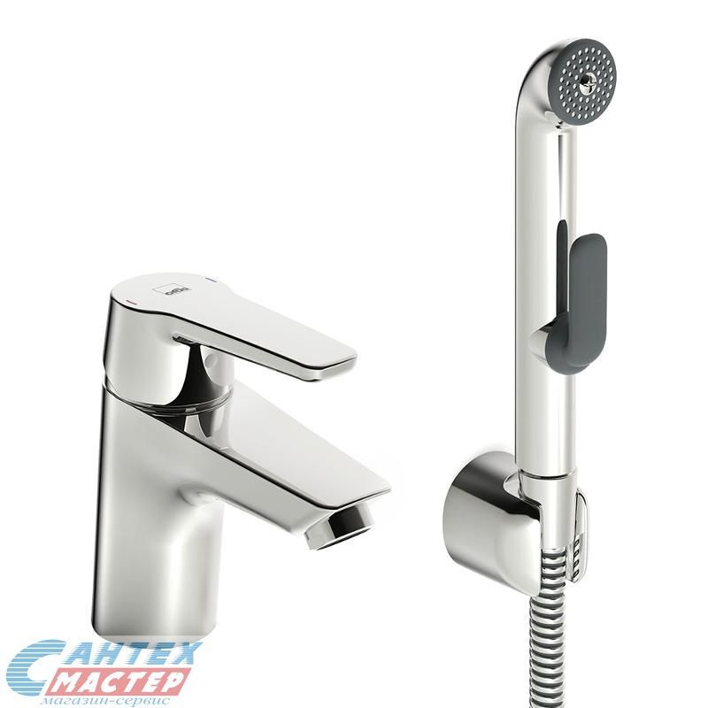 Смеситель для раковины Oras Saga с гигиеническим душем/лейкой, однорычажный, излив короткий, длина 103 мм, керамический, латунь, цвет хром, без донного клапана