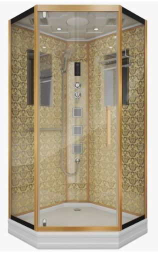 Душевая кабина 100х100х220 см Niagara Lux поддон низкий, пятиугольная, угловая, стекло прозрачное, заднее с узором, с гидромассажем, с сиденьем, сенсорная, распашная, профиль золото