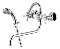 Смеситель для ванны/душа Rossinka, двухвентильный, настенный, керамический, поворотный, с длинным изливом 310 мм, латунь, цвет хром, для ванной