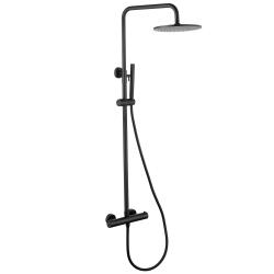 Душевая система ABBER Wasser Kreis наружного монтажа, высота 1250 мм, цвет черная матовая, комплект: смеситель термостатический/тропический душ (с верхней лейкой)/стойка/лейка/шланг, латунь, без излива 