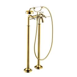 Смеситель для ванны Axor Montreux напольный, двухвентильный, с рычаговыми рукоятками, неповоротный, латунный, длина излива 23,4 см, керамический, цвет полированное золото, с душевым шлангом/держателем/лейкой