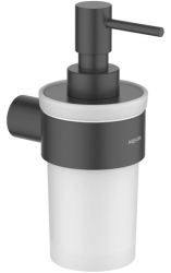 Дозатор Aquatek Лира для жидкого мыла, с держателем, настенный, округлый, латунь/стекло/нержавеющая сталь, цвет матовый черный, для ванной