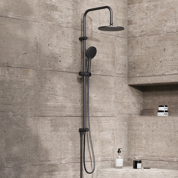 Душевой гарнитур Damixa Jupiter высота 1010 мм, цвет черный, без смесителя, комплект: тропический душ (с верхней лейкой)/стойка/лейка/шланг, настенная, нержавеющая сталь/ABS-пластик/ПВХ