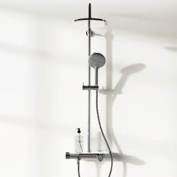 Душевая система Damixa Jupiter, высота 1050-1450 мм, цвет хром, комплект: термостатический смеситель/тропический душ (с верхней лейкой)/стойка/лейка/шланг