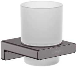 Стакан Hansgrohe AddStoris, с держателем, настенный, латунный/стеклянный, форма круглая, для зубных щеток в ванную/туалет/душевую кабину, цвет шлифованный черный хром