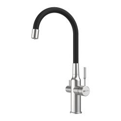 Смеситель для кухни/мойки Lemark Expert, с подключением к фильтру с питьевой водой, однорычажный, поворотный/гибкий, керамический, длина излива 225 мм, нержавеющая сталь, цвет сталь/черный