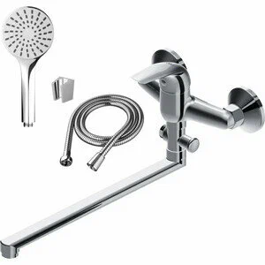 Смеситель для ванны/душа Dorff Stark однорычажный, керамический, настенный, излив поворотный 323 мм, с гибким шлангом/лейкой, латунь, хром