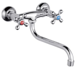 Смеситель для кухни/мойки Potato P65, двухвентильный, настенный, поворотный, керамический, длина излива 280 мм, цинк, цвет хром