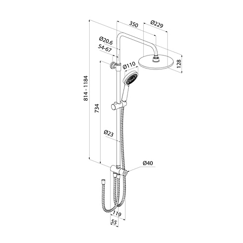 Душевой гарнитур IDDIS Zodiac X наружного монтажа, высота от 814-1184 мм, цвет хром, комплект: тропический душ круглый (с верхней лейкой)/стойка/лейка/шланг, нержавеющая сталь/пластик ZDX3F0Ci76