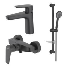 Комплект смесителей Aquatek Бетта 3 в 1 черный матовый, смеситель для душа без излива, раковины, душевой гарнитур, однорычажный, латунь/нержавеющая сталь