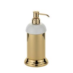Дозатор жидкого мыла Migliore Mirella, настольный, керамика/латунь, форма округлая, для мыла в ванную/туалет/душевую кабину, цвет золото/белый