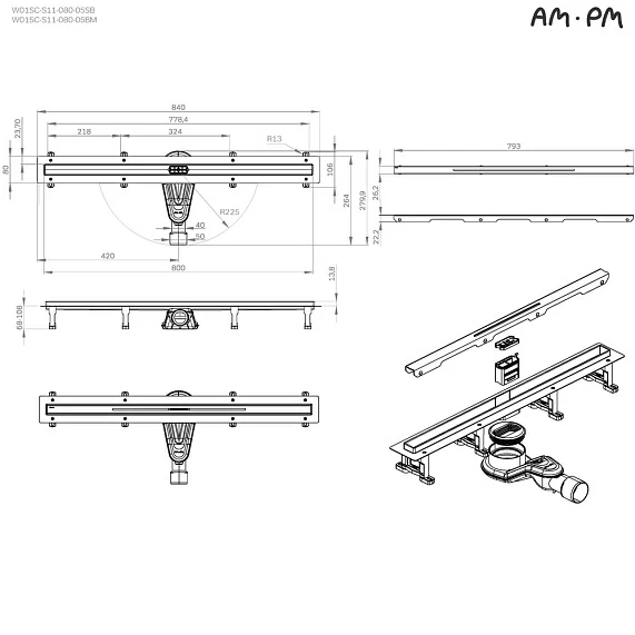 Душевой трап (лоток) AM.PM MasterFlow Slim 800 мм комбинированный затвор с черной матовой решеткой, цвет черный, выходная труба 40/50 мм, линейный