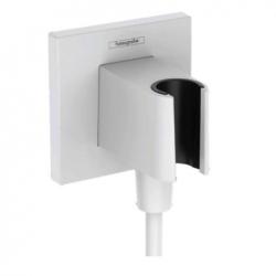 Шланговое подсоединение Hansgrohe HG FixFit E размер 9х9 см, цвет белый матовый, квадратное, держатель душевой лейки, встроенный обратный клапан с подключением для душевого шланга, декоративная накладка, резьбовое соединение, настенное