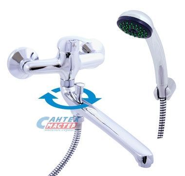 Смеситель для ванны/душа Rav Slezak Sazava однорычажный, керамический, настенный, излив поворотный 342 мм, с гибким шлангом, душем/лейкой, латунь, цвет хром, длинный, универсальный, горизонтальный, рычажный, кран, комплект, сантехника, размер