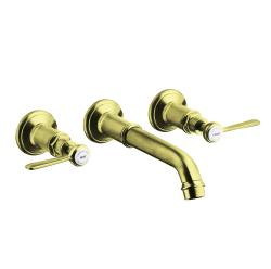 Смеситель для раковины Axor Montreux, на 3 отверстия, двухвентильный, с рычаговыми рукоятками, скрытого монтажа, настенный, фиксированный излив, длина излива 16,5-22,5 см, керамический, латунь, цвет шлифованная медь, незапираемый сливной набор