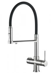 Смеситель для кухни/мойки ZorG Steel Hammer 2003, под фильтр, однорычажный, поворотный/гибкий излив, керамический картридж, длина излива 335 мм, латунь, цвет сатин/черный