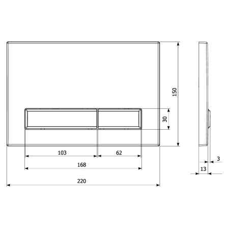 Кнопка смыва KK-POL M08, прямоугольная, цвет: оружейная сталь. пластик, клавиша управления для сливного бачка, инсталляции унитаза, двойная, механическая, панель, универсальная, размер 15х22х1,3 см