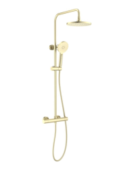 Душевая система Aquatek Европа с термостатом, 883-1383 мм, цвет шлифованное золото, комплект: термостатический смеситель/тропический душ (с верхней лейкой)/лейка/стойка/шланг, латунь