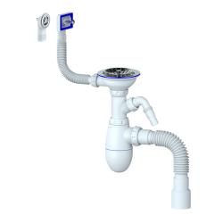 Сифон для мойки Unicorn 3.1/2"x40 с круглым и прямоугольным переливами, с чашкой из нержавеющей стали, с гибким отводом 40х40/50 мм